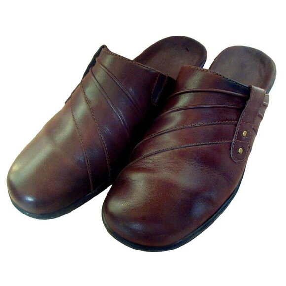 Clarks May Flower Leather Slip On Dark Brown Top Stitched Clogs Shoes Sz 9 M - Picture 3 of 9